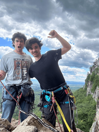 Mason Lee and Jasper Cerone climbing High Exposure in the Shawangunk Mountains.