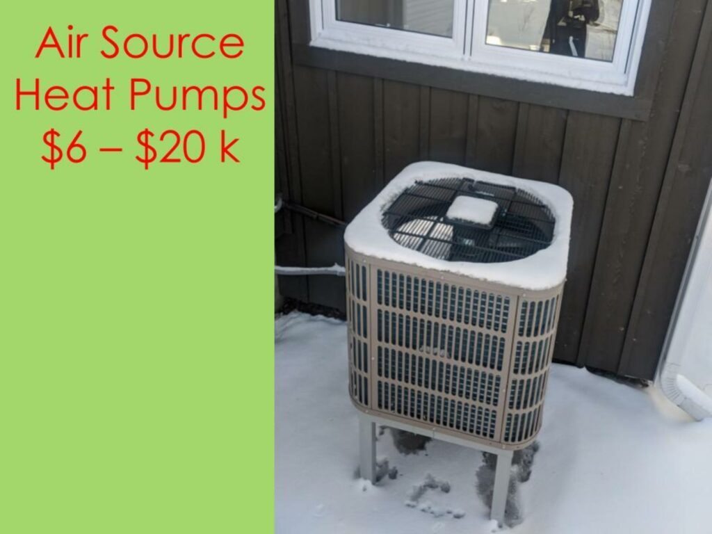 heat pump in snow outside house with graphic