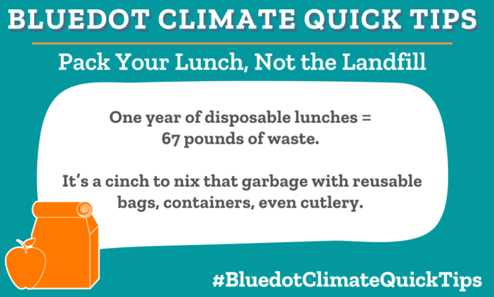 Climate Quick Tip: Pack Your Lunch, Not the Landfill: One year of disposable lunches = 67 pounds of waste. It’s a cinch to nix that garbage with reusable bags, containers, even cutlery. Bluedot Marketplace offers what you need for waste-free lunches — lunch boxes, lunch bags, reusables, and more.