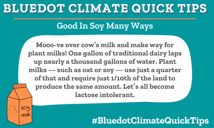 Climate Quick TIp: Good In Soy Many Ways. Mooo-ve over cow’s milk and make way for plant milks! One gallon of traditional dairy laps up nearly a thousand gallons of water. Plant milks — such as oat or soy — use just a quarter of that and require just 1/10th of the land to produce the same amount. Let’s all become lactose intolerant. Plant milk uses just ¼ of the water that traditional dairy requires and 1/10th of the land.