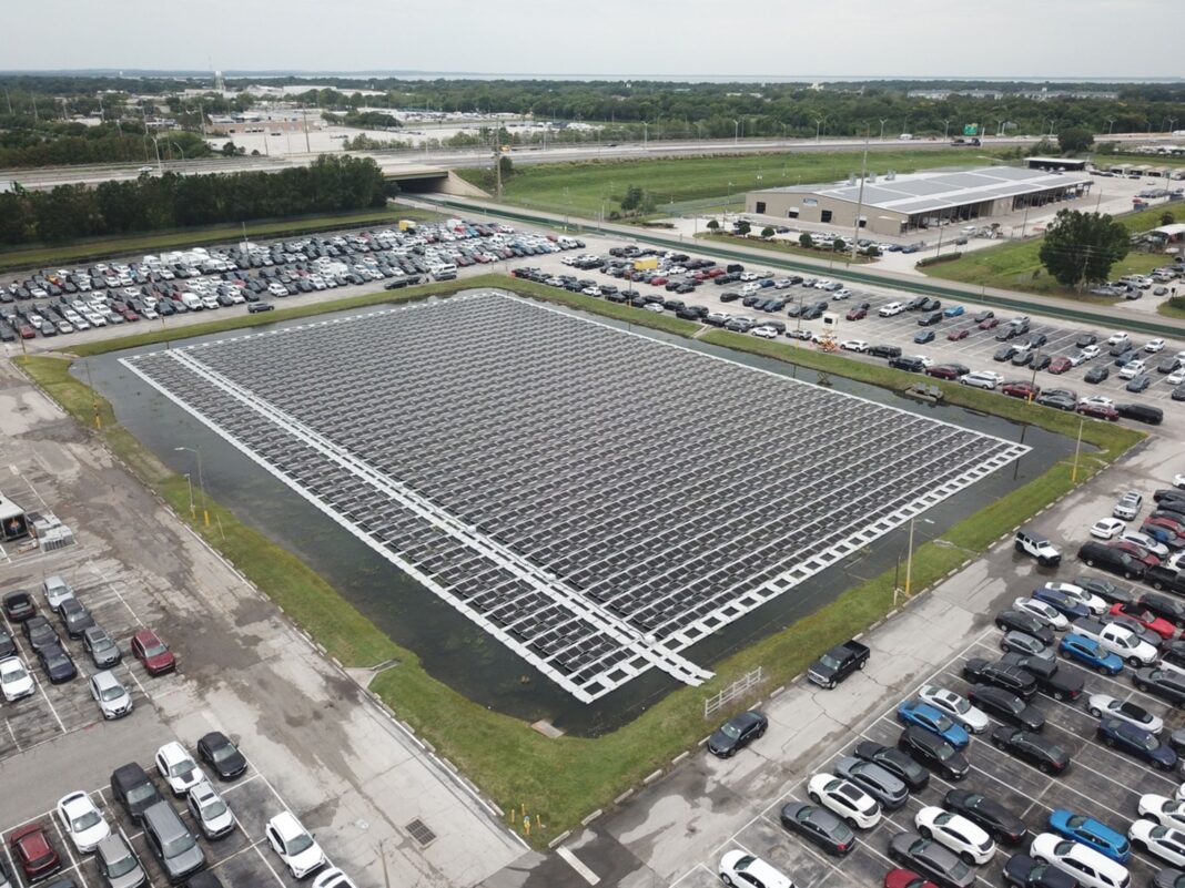 Floating solar panels in parking lot.