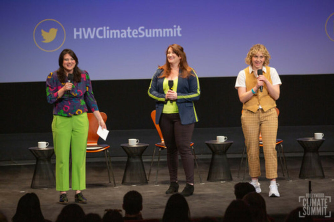 Three women speak on stage at the Hollywood Climate Summit.