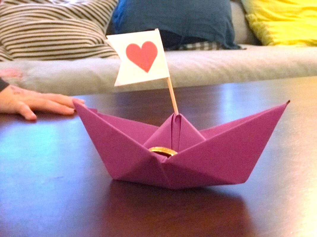 origami valentine on table