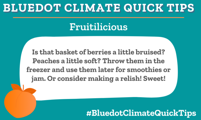 Climate Quick Tip: Fruitilicious: Is that basket of berries a little bruised? Peaches a little soft? Throw them in the freezer and use them later for smoothies or jam. Or consider making a relish! Sweet! Freeze bruised or mushy fruit for future use as jam or smoothies. Or try a delicious fruit salsa.